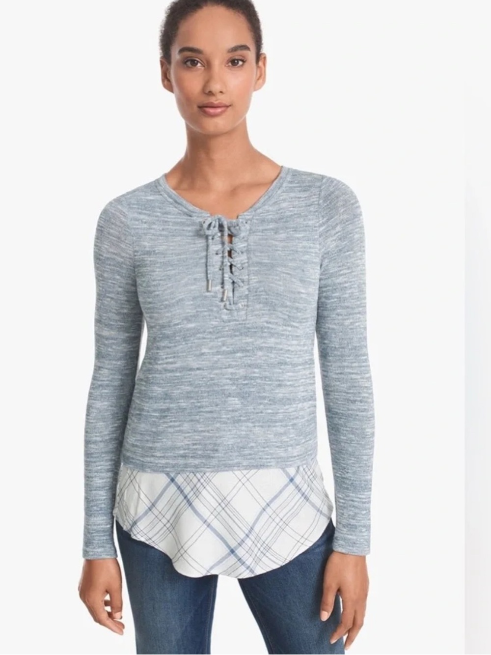 White House Black Market Lace Up Mixed Media Plaid Hem Top Blue Grey XS